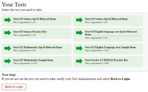 Students select the appropriate practice test.